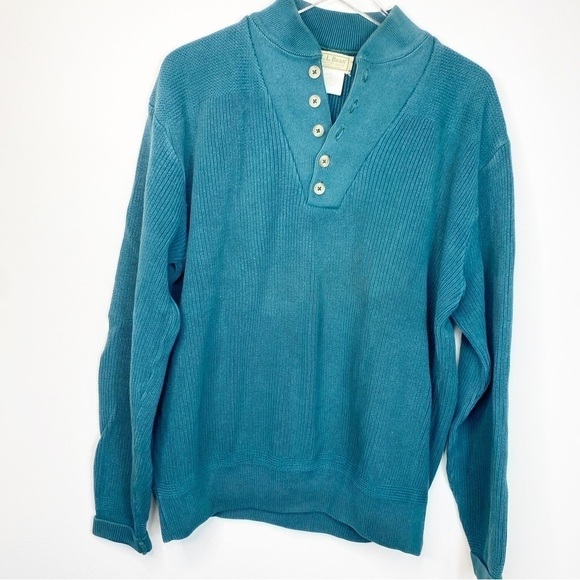 LL BEAN Dark Teal Green Henley Sweater, Large Long, Made in the USA - Picture 1 of 12